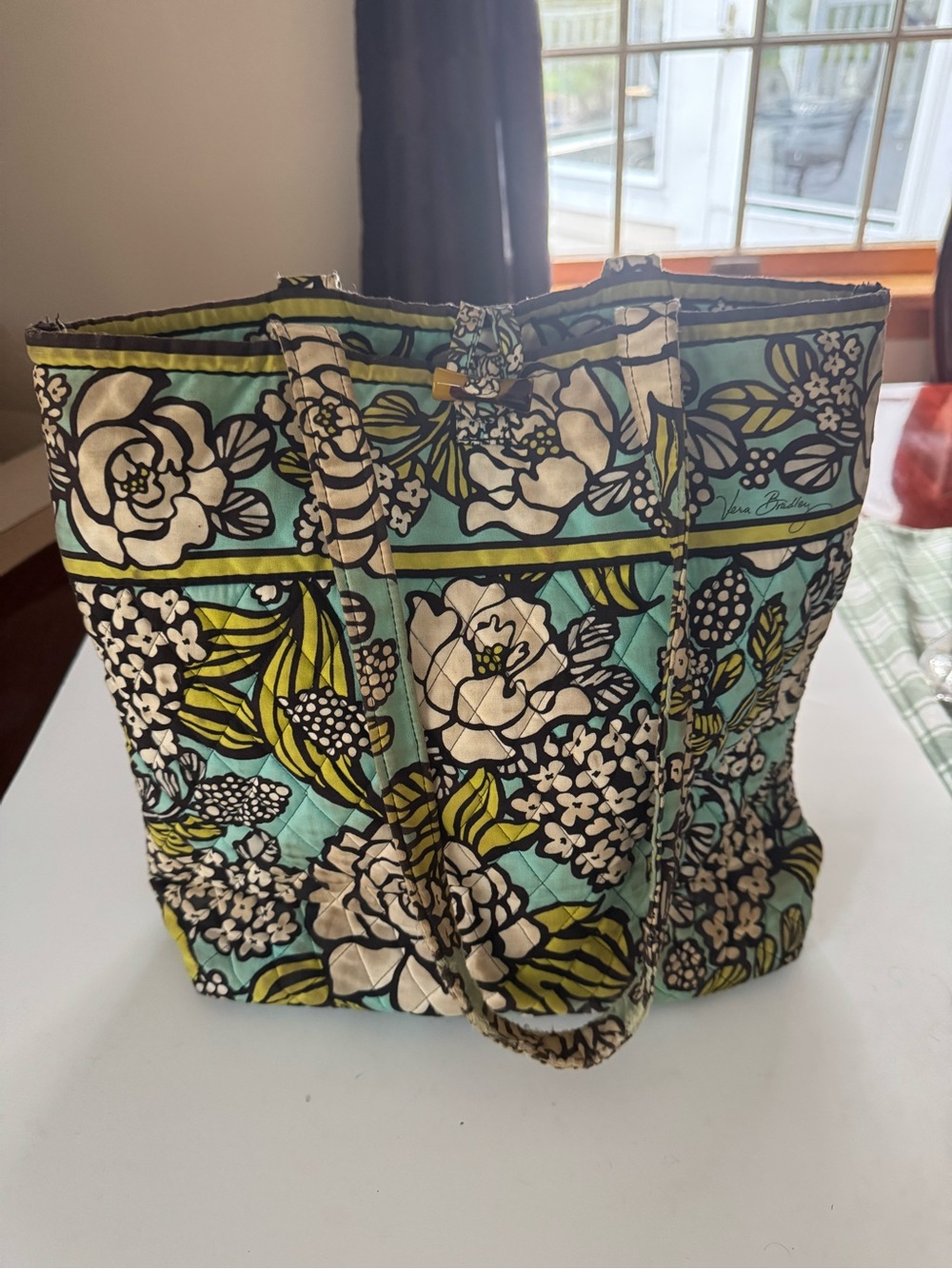 Vera Bradley Teal Floral Quilted Tote with Cream & Lime Accents